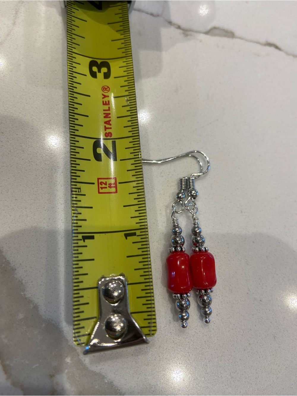 Stainless Steel & Red Coral Dangle Earrings - Picture 4 of 4